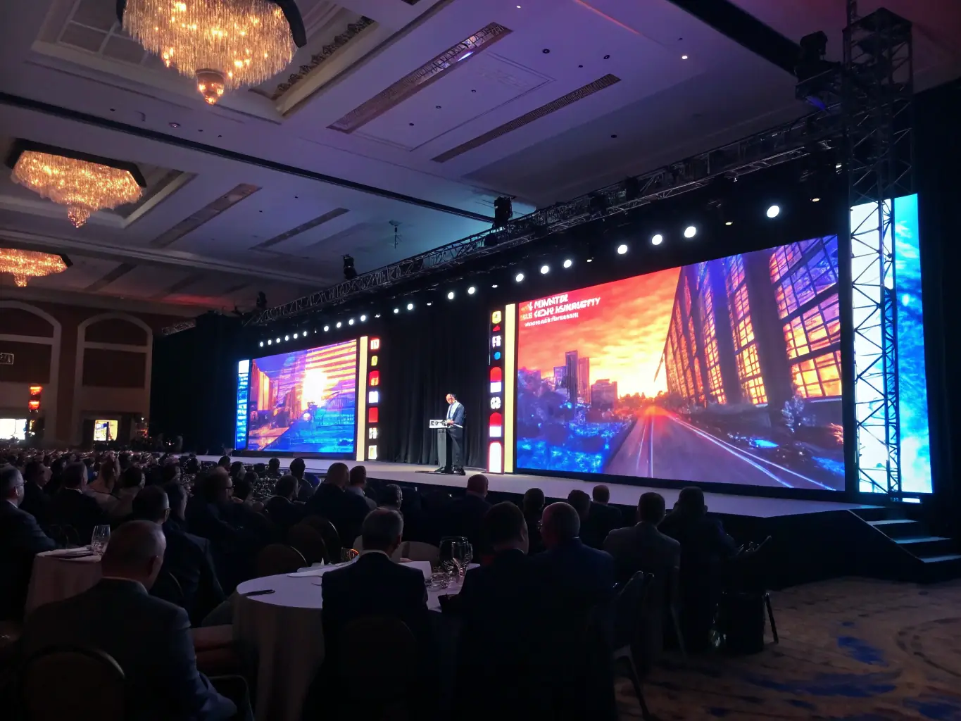 A vibrant LED screen displaying custom graphics at a corporate event, highlighting Perfeque Media's expertise in creating immersive visual experiences.