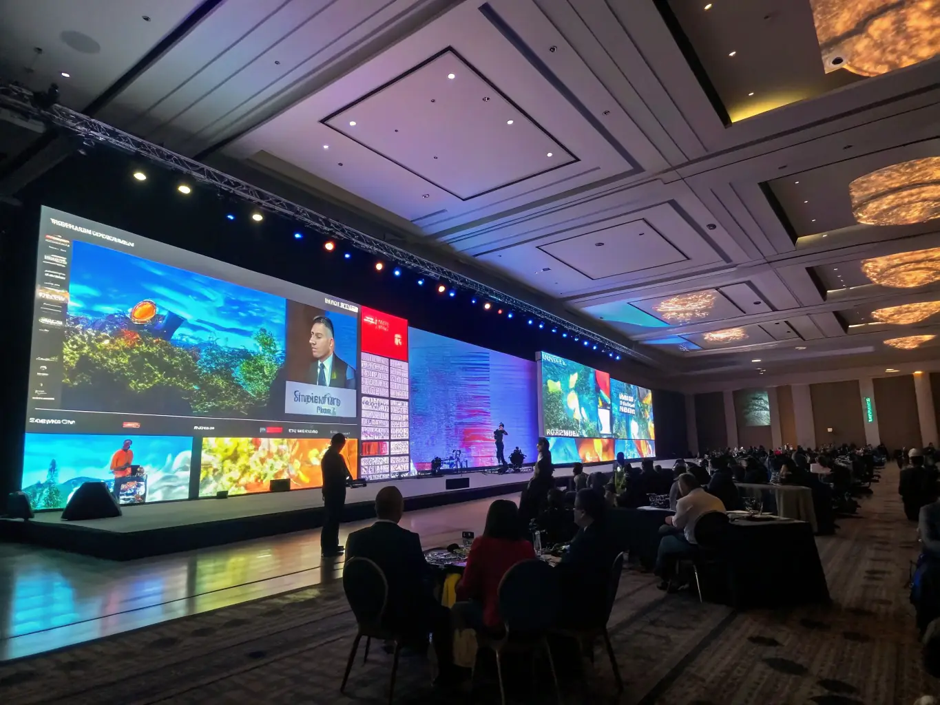 A vibrant LED screen displaying dynamic visuals at a corporate event, highlighting the customizable lighting solutions and immersive visual experiences.
