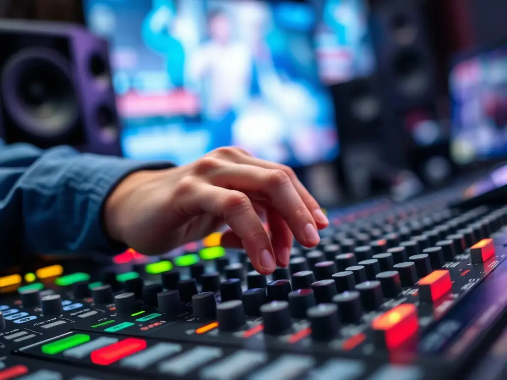 A sound engineer adjusting audio levels at a live event, demonstrating Perfeque Media's commitment to providing crystal-clear sound and dynamic lighting effects.