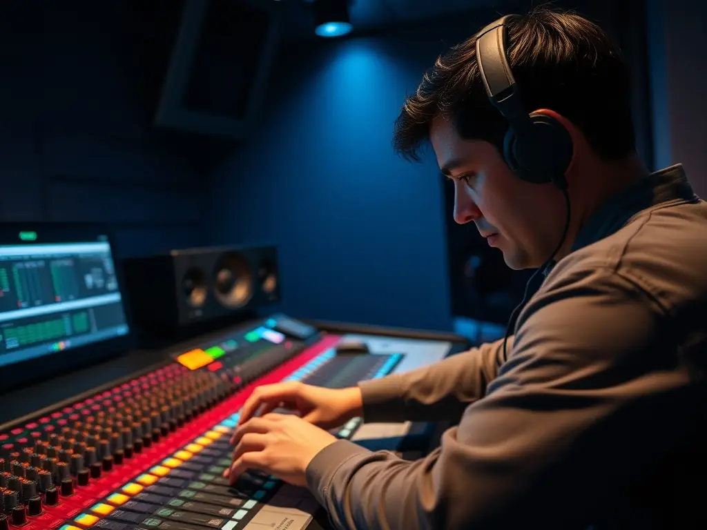 A professional sound engineer adjusting audio levels at a live event, ensuring crystal-clear sound and dynamic lighting effects.
