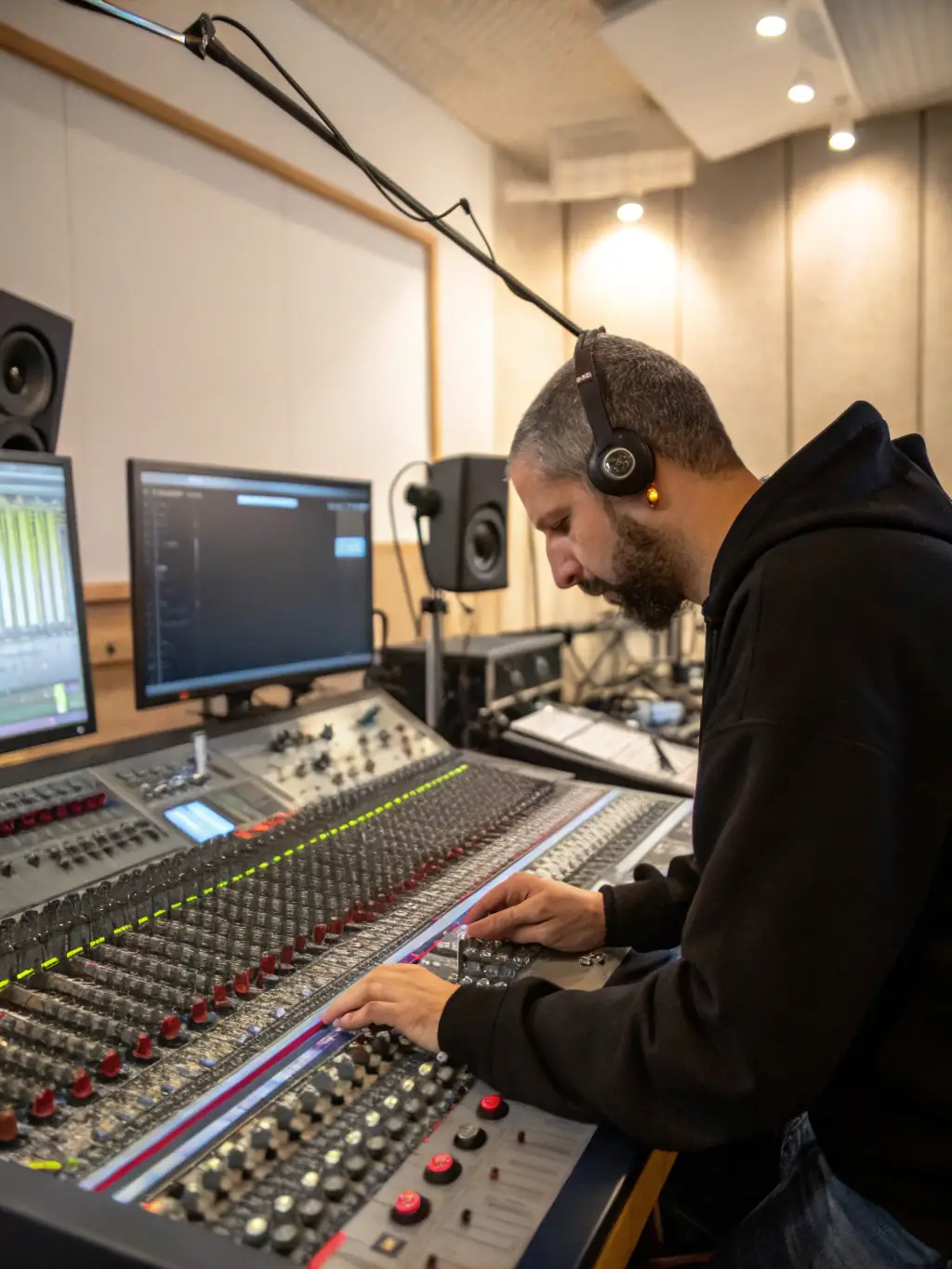 A sound engineer adjusting audio levels at a live event, with various lighting fixtures illuminating the stage, demonstrating Perfeque Media's sound and light engineering services.